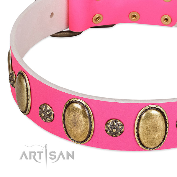 Easy wearing soft to touch full grain natural leather dog collar with adornments