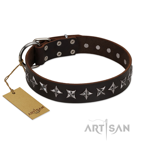 Comfortable wearing dog collar of high quality genuine leather with embellishments