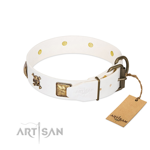 Significant full grain natural leather dog collar with durable decorations