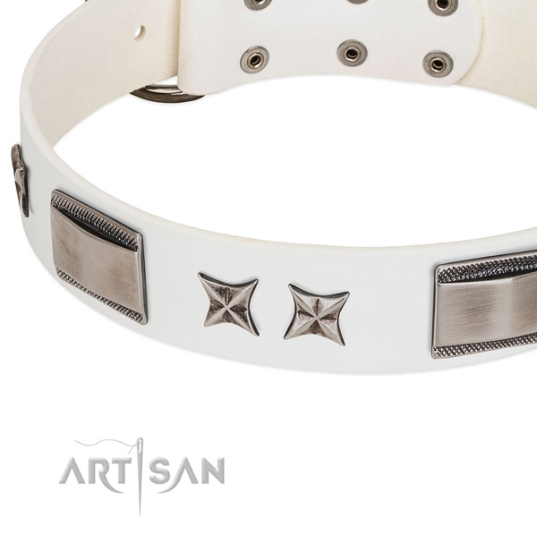 Soft genuine leather dog collar with corrosion resistant fittings