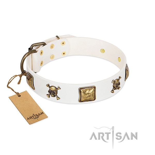 Stylish genuine leather dog collar with corrosion proof embellishments