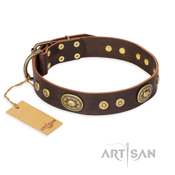 Leather dog collar made of gentle to touch material with corrosion resistant traditional buckle