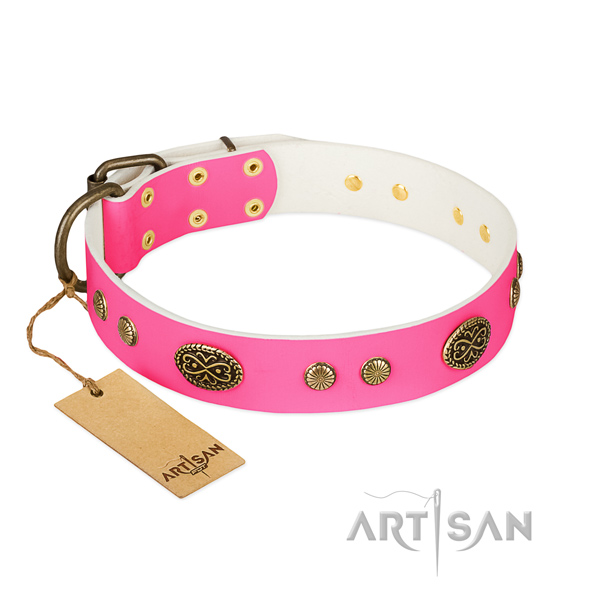 Rust resistant hardware on leather dog collar for your doggie