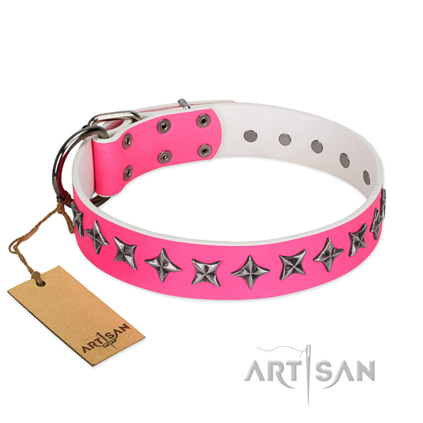 Comfy wearing dog collar of fine quality natural leather with embellishments