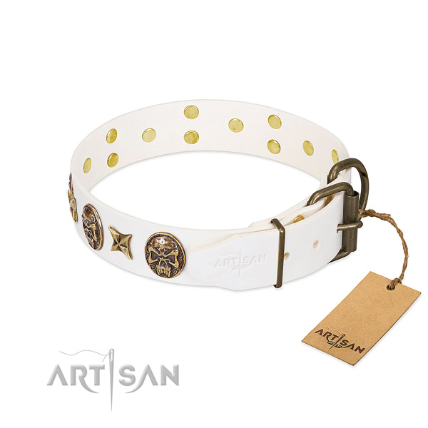 Corrosion proof D-ring on genuine leather collar for fancy walking your pet
