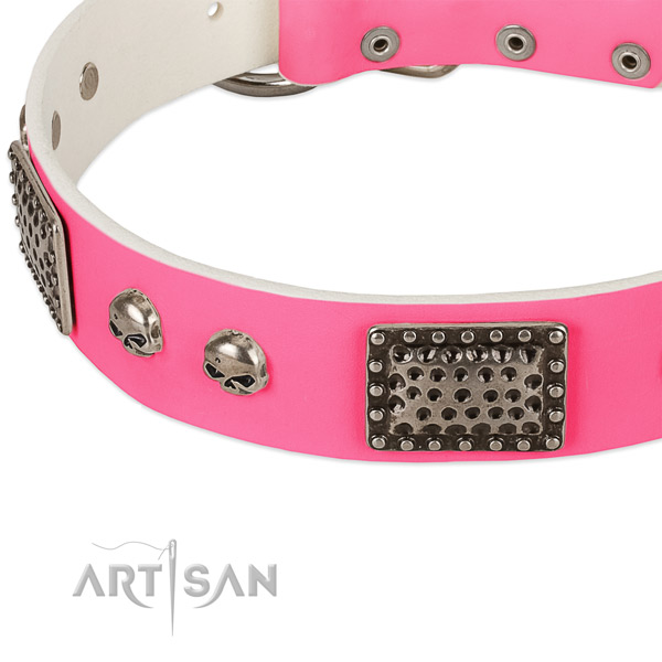 Durable D-ring on full grain leather dog collar for your pet