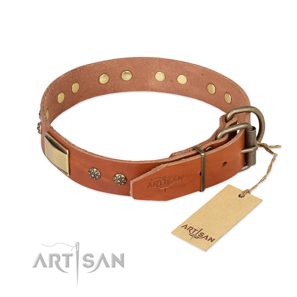 Genuine leather dog collar with rust resistant traditional buckle and decorations