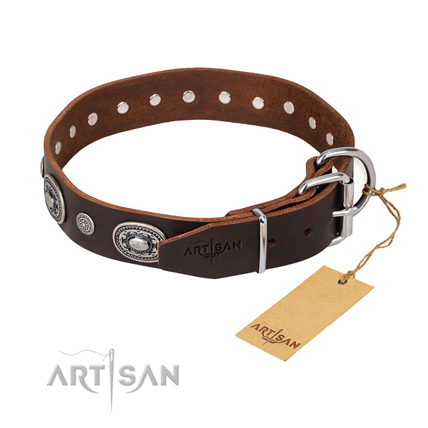 Reliable natural genuine leather dog collar handcrafted for basic training