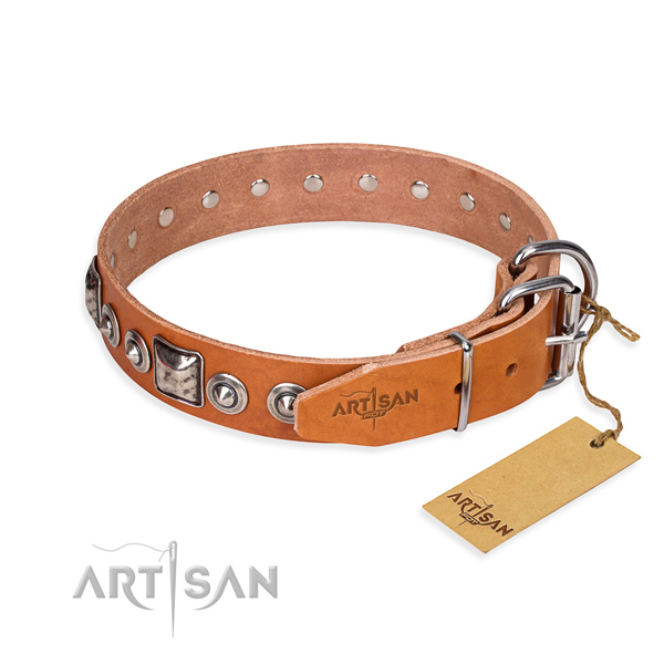 Strong full grain leather dog collar created for daily walking