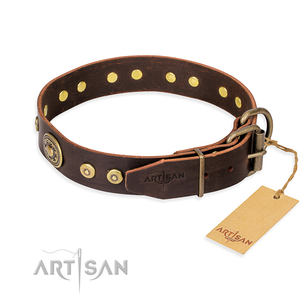 Natural genuine leather dog collar made of top rate material with corrosion proof decorations