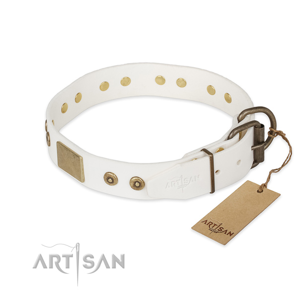 Full grain natural leather dog collar with corrosion proof D-ring and decorations