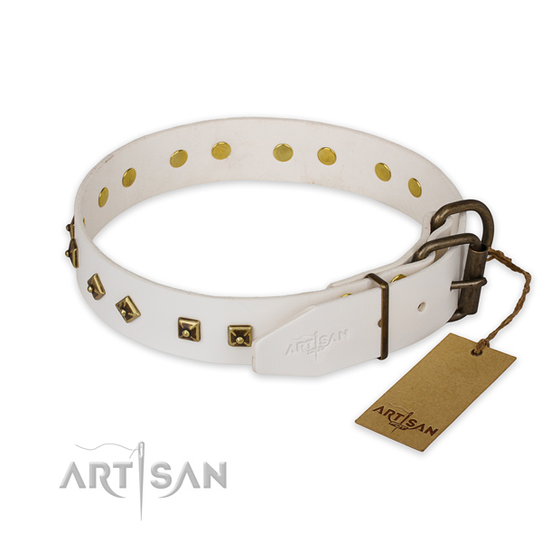 Strong D-ring on genuine leather collar for walking your canine