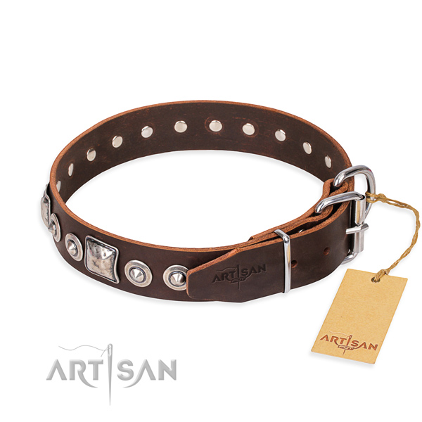 Leather dog collar made of soft to touch material with reliable decorations