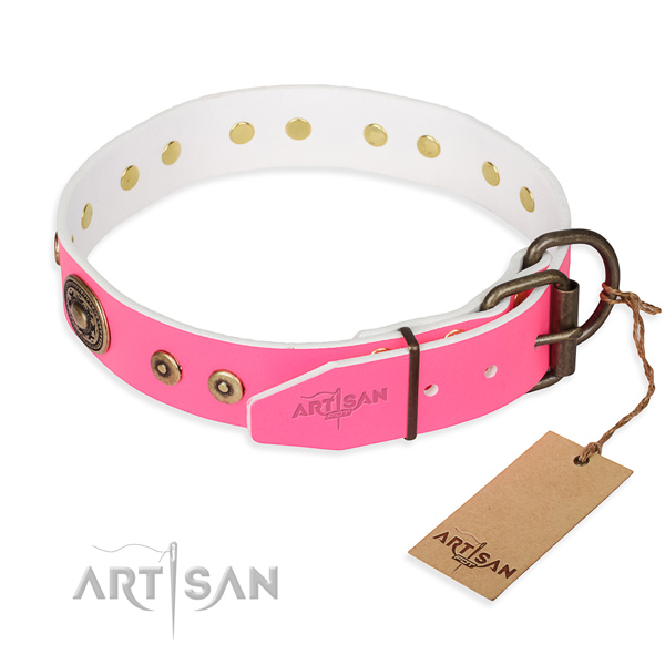 Full grain leather dog collar made of gentle to touch material with reliable adornments