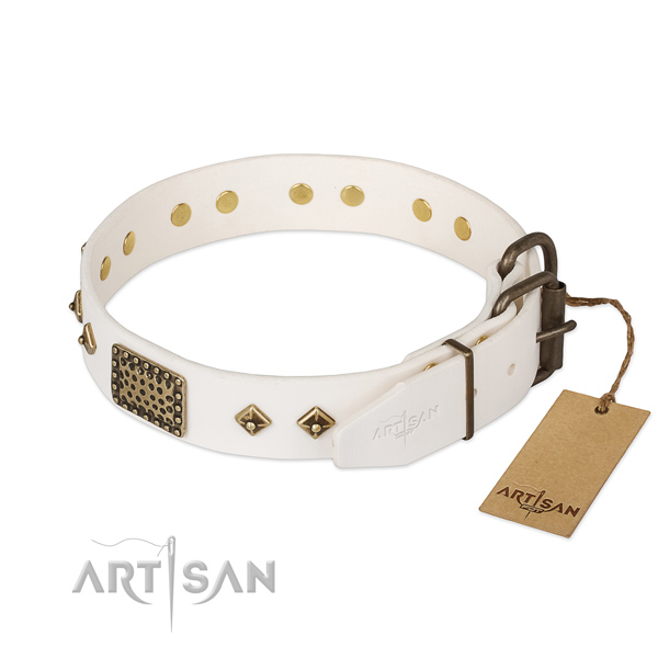 Full grain leather dog collar with corrosion proof traditional buckle and decorations