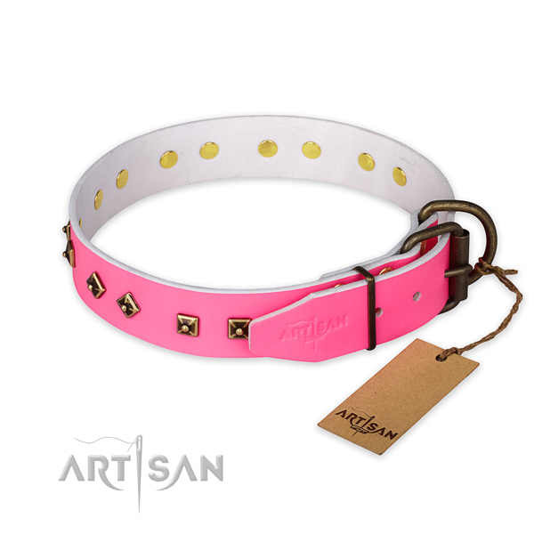 Rust resistant traditional buckle on full grain natural leather collar for fancy walking your canine