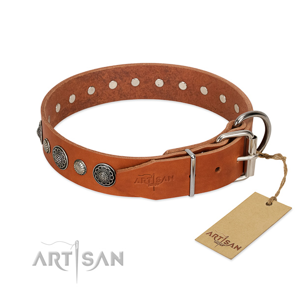 Soft to touch natural leather dog collar with corrosion resistant buckle