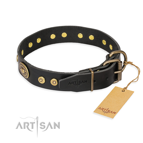 Natural genuine leather dog collar made of high quality material with rust resistant adornments