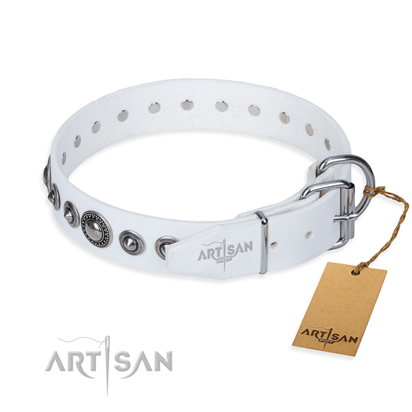 Full grain genuine leather dog collar made of soft to touch material with corrosion proof decorations