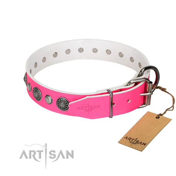 Durable natural leather dog collar with corrosion proof buckle