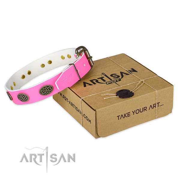 Embellished genuine leather dog collar for comfortable wearing
