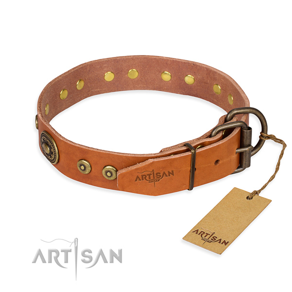 Full grain genuine leather dog collar made of flexible material with strong decorations