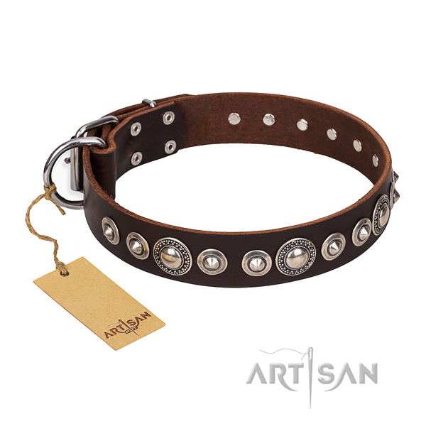 Leather dog collar made of soft to touch material with strong embellishments