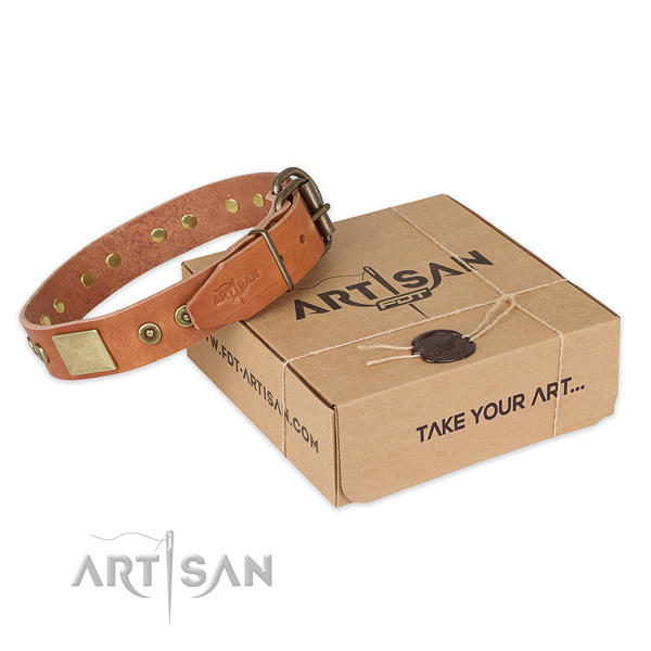 Reliable buckle on full grain genuine leather dog collar for fancy walking