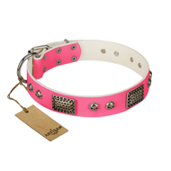 "Fashion Skulls" FDT Artisan Pink Leather German Shepherd Collar with Old Silver Look Plates and Skulls "Fashion Skulls" FDT Artisan Pink Leather German Shepherd Collar with Old Silver Look Plates and Skulls