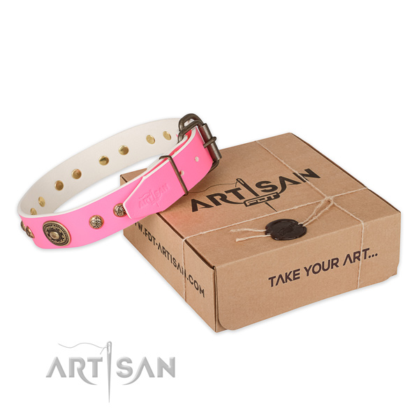 Corrosion resistant buckle on natural genuine leather dog collar for everyday use