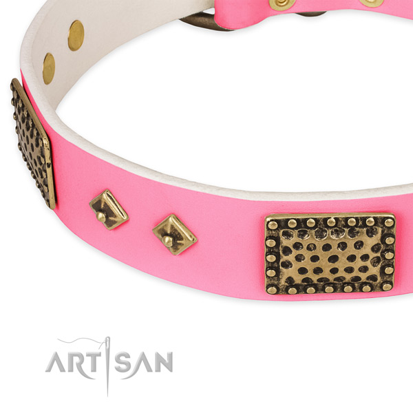 Natural genuine leather dog collar with adornments for easy wearing