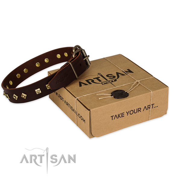 Reliable traditional buckle on full grain natural leather dog collar for daily use