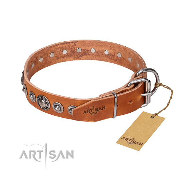 Full grain natural leather dog collar made of soft material with strong embellishments