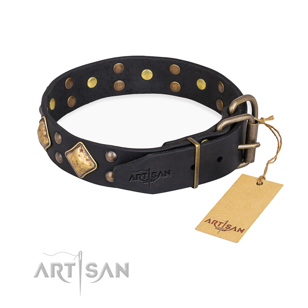 Natural genuine leather dog collar with unique rust-proof embellishments