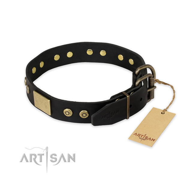 Rust-proof D-ring on full grain leather collar for everyday walking your dog
