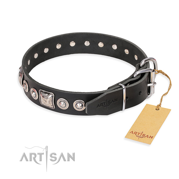 Full grain natural leather dog collar made of top notch material with corrosion proof adornments