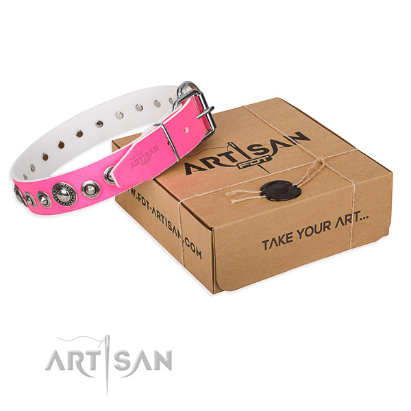 Genuine leather dog collar made of quality material with rust resistant buckle
