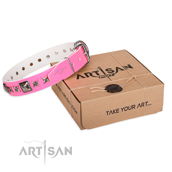 Daily use full grain natural leather dog collar with decorations
