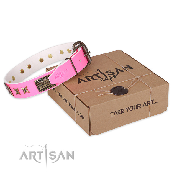 Strong D-ring on natural genuine leather collar for your impressive dog