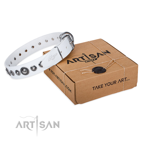 Full grain leather dog collar made of flexible material with corrosion resistant hardware