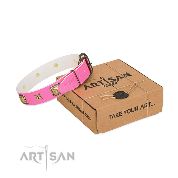 Strong hardware on full grain genuine leather dog collar for comfy wearing