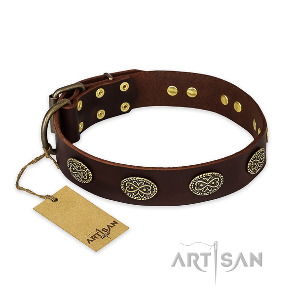 Adjustable leather dog collar with rust-proof D-ring