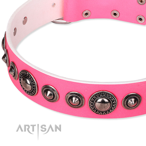 Handy use adorned dog collar of strong full grain natural leather
