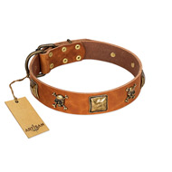 "Knights Templar" FDT Artisan Tan Leather German Shepherd Collar with Skulls and Crossbones Combined with Squares