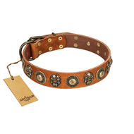 "Golden Epoch" FDT Artisan Tan Leather German Shepherd Collar with Old Bronze-plated Medallions and Conchos