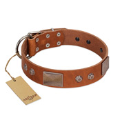"Great Obelisk" Handcrafted FDT Artisan Tan Leather German Shepherd Collar with Large Plates and Pyramids