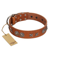 "Splendid Armor" Premium Quality FDT Artisan Tan Designer German Shepherd Collar with Shields and Stars