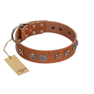 "Brave Spirit" Handmade FDT Artisan Designer Tan Leather German Shepherd Collar with Shields