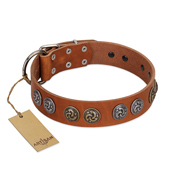 "Luxurious Life" Premium Quality FDT Artisan Tan Leather German Shepherd Collar with Round Adornments