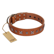 "Star Shine" Exclusive FDT Artisan Tan Leather German Shepherd Collar with Silver-Like Adornments